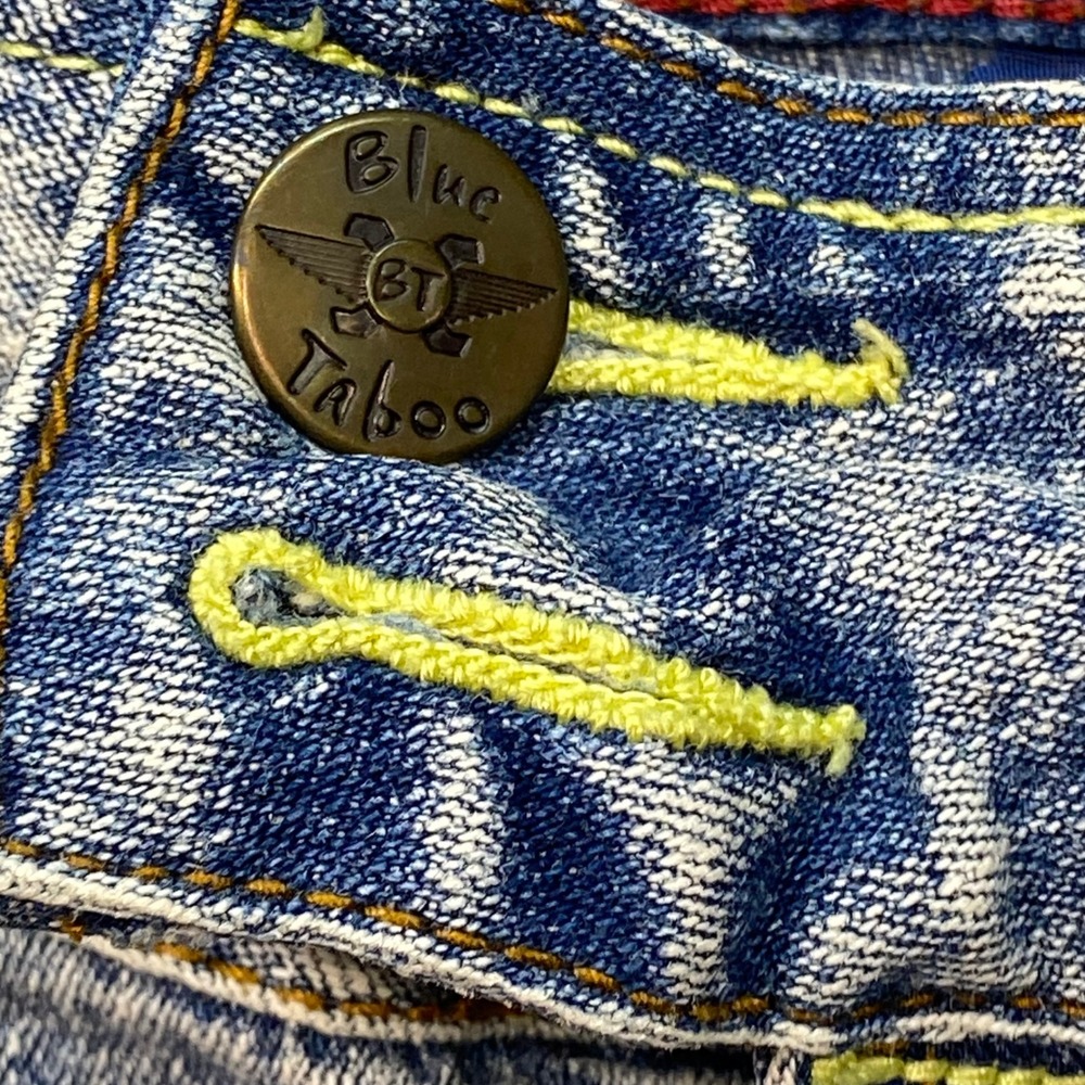 Blue Taboo Jeans Sz‎ 5 Womens Y2K Grunge Acid Wash Flare Low Rise Patch Pocket - Picture 3 of 11